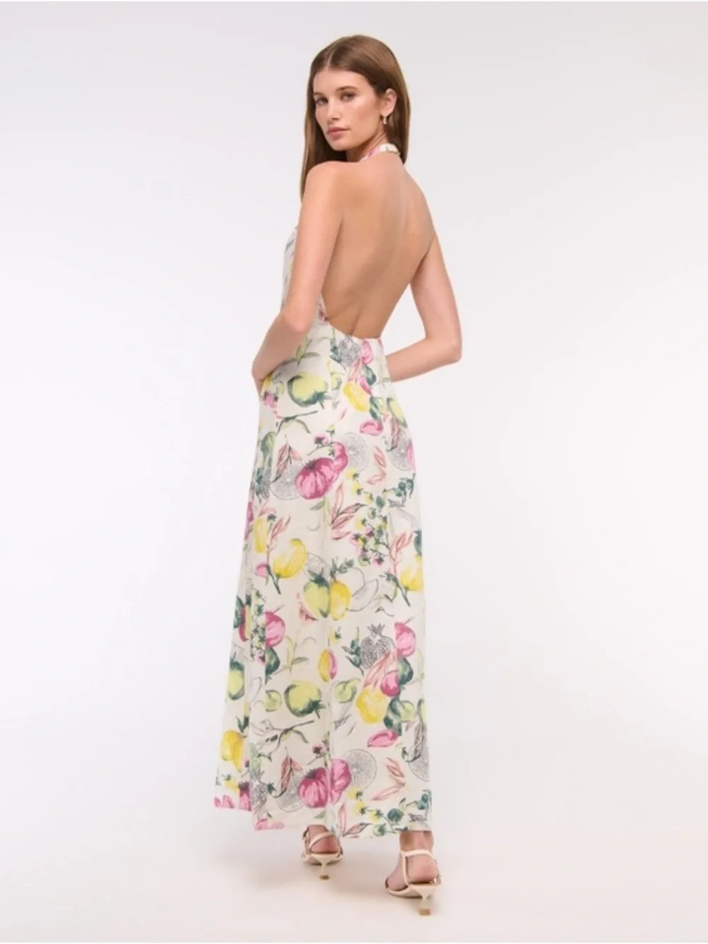 Abercrombie & Fitch Premium Linen High-Neck Maxi Dress Vegetable Print Halter